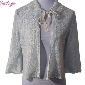 Baby Blue Lace‎ Open Front Bed Jacket white ribbon ties